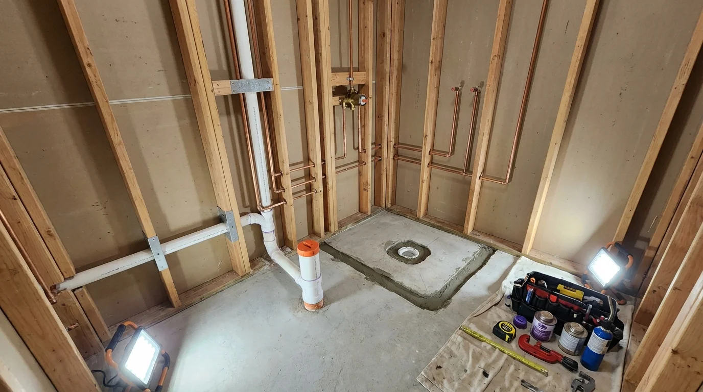 Bathroom rough-in plumbing during remodel by Johns Plumbing LLC in Williamston