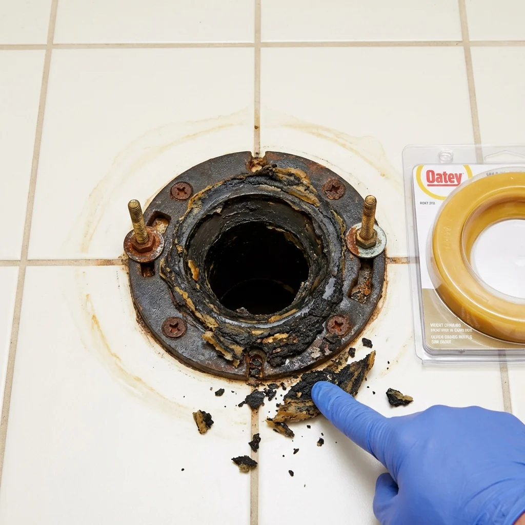 Failed wax ring showing water seepage at the base of a toilet in a Williamston, SC home