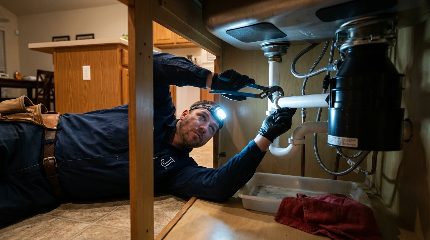 P-trap and supply line connections under a kitchen sink showing a common leak point in Williamston, SC